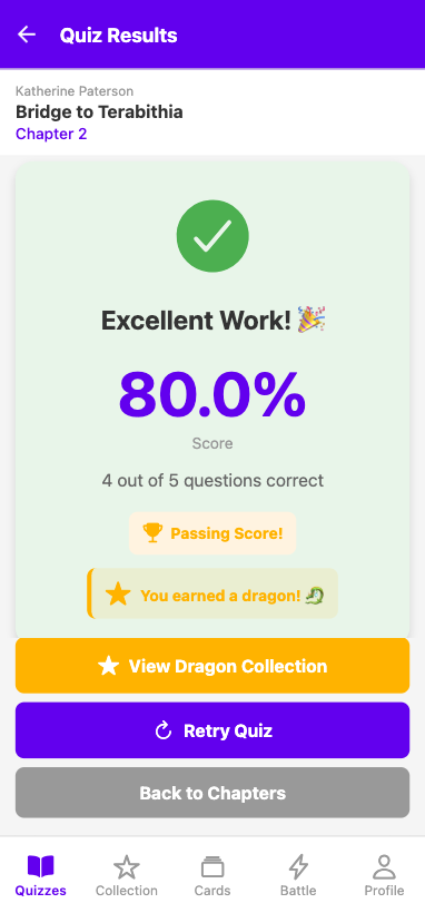 DragonReaders result screen after quiz completion